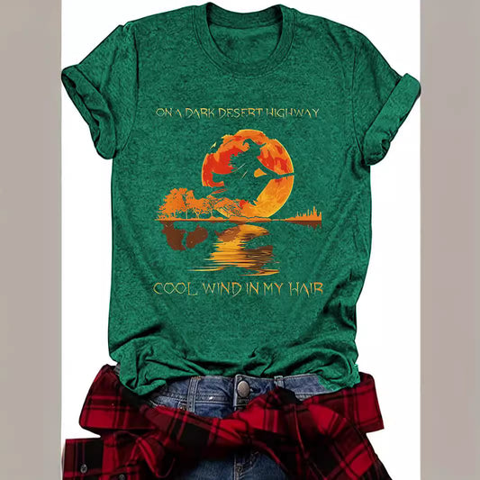 Halloween witch pattern round neck short sleeved shirt