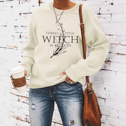 Living in a witch print round neck hoodie