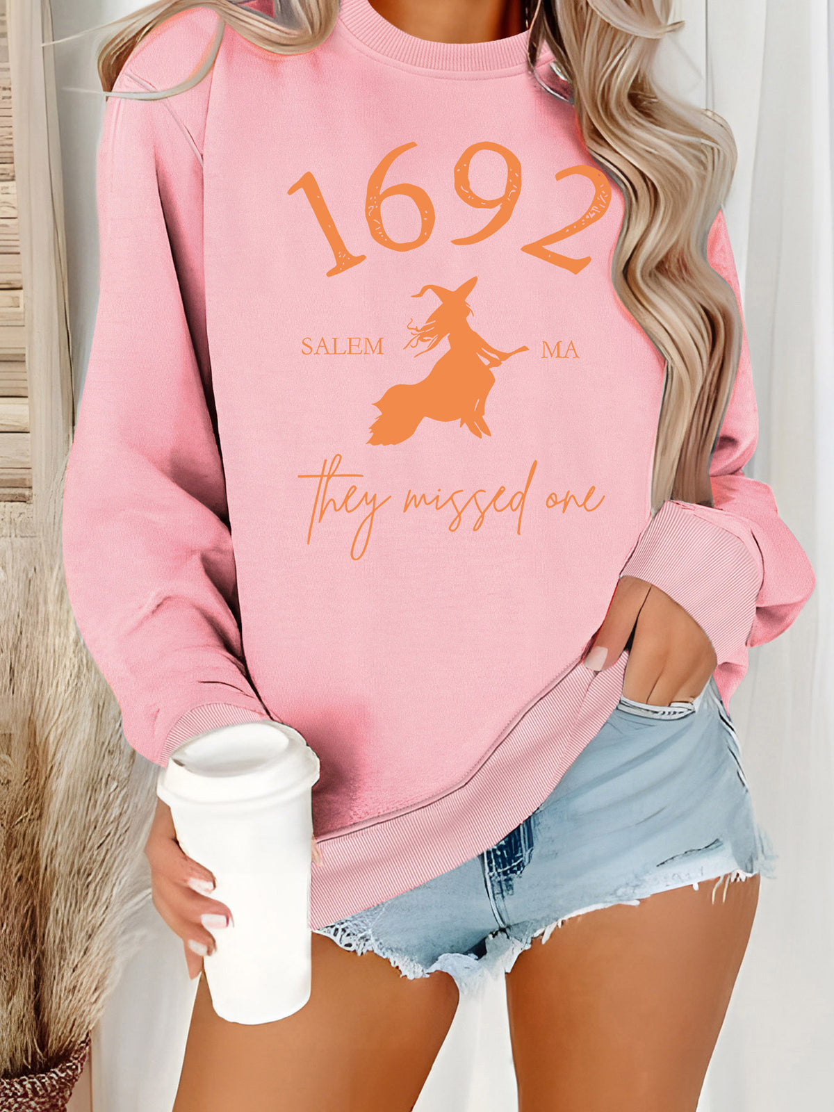 Long sleeved round neck shirt with witch pattern print