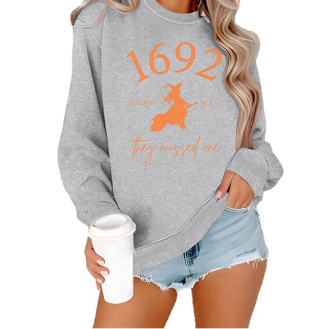 Long sleeved round neck shirt with witch pattern print
