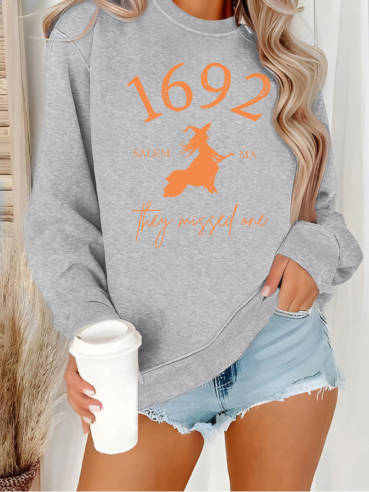 Long sleeved round neck shirt with witch pattern print