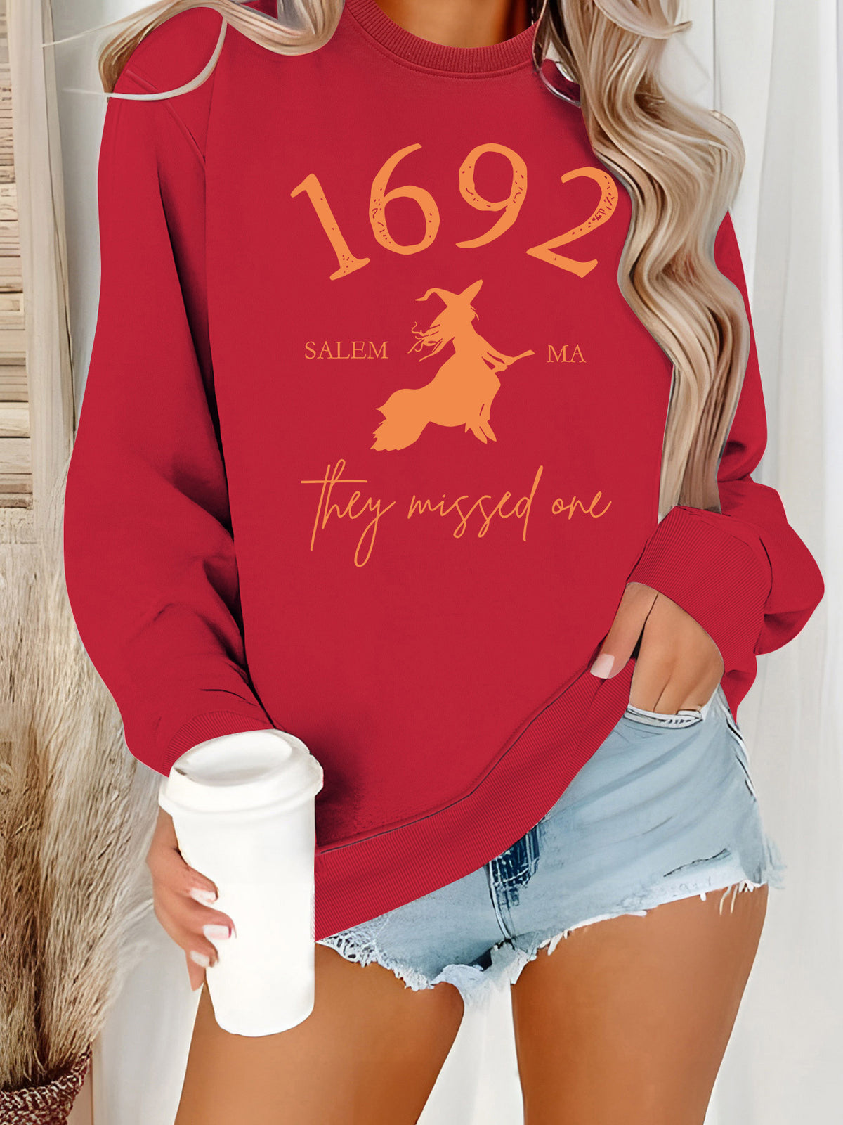 Long sleeved round neck shirt with witch pattern print