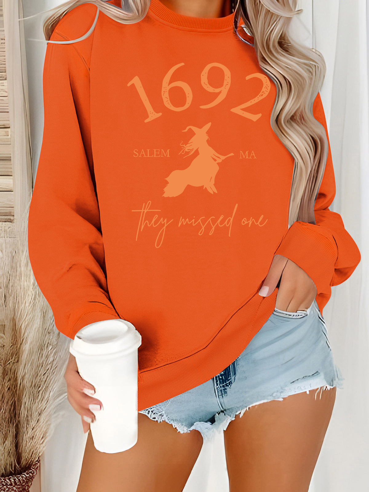 Long sleeved round neck shirt with witch pattern print